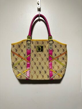 Y2k USPA Beige Tote with Pink, Yellow & Lime Trim